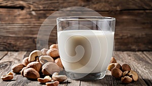 A glass of milk with almonds on a table