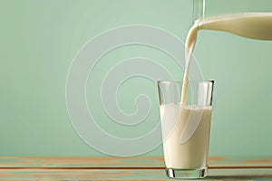 A glass of milk being poured into a jug