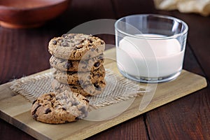 Glass of milk and chocolate chip cookies for the breakfast.