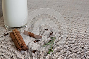 Glass of milk with cinnamon and thyme photo