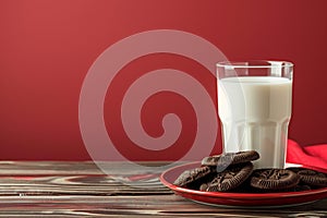 Glass milk cookies red plate, wooden table. Snack time concept, Marsala background copy space