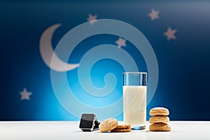 glass of milk, cookies and smart watch at night