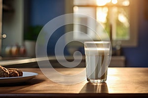 glass of milk and cookies on table on the kitchen with window