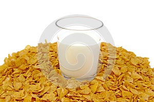 Glass of milk and corn flake cereals on a white