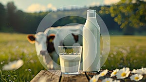 A glass of milk and a cow in a field