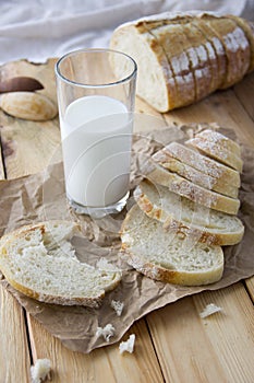 a glass of milk and cut bread on a wooden table