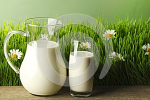 Glass of milk and jar on flower meadow