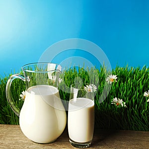 Glass of milk and jar on flower meadow