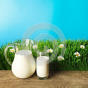 Glass of milk and jar on flower meadow