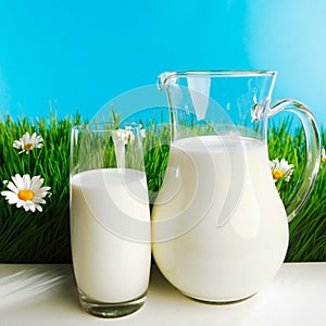 Glass of milk and jar on flower meadow