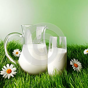 Glass of milk and jar on flower meadow