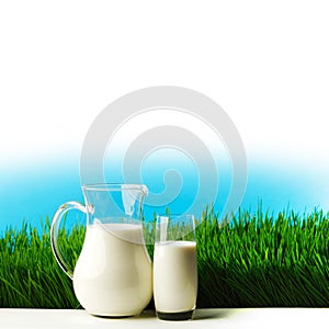 Glass of milk and jar on flower meadow