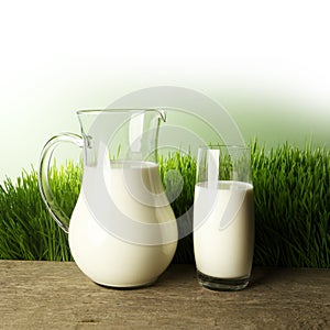 Glass of milk and jar on flower meadow