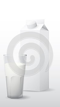 A glass of milk with milk package isolated on white background.