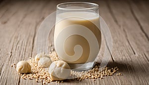A glass of milk with nuts next to it