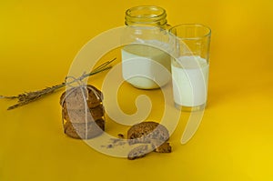 glass of milk and oatmeal cookies on yellow background, concept of natural products, healthy food choice, closeup,copy spacen