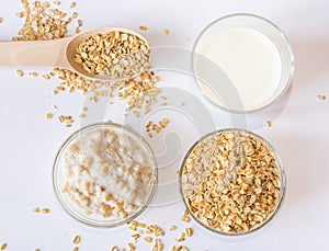 A glass of milk, oatmeal and porridge in a plate on a white background. A healthy and nutritious morning breakfast