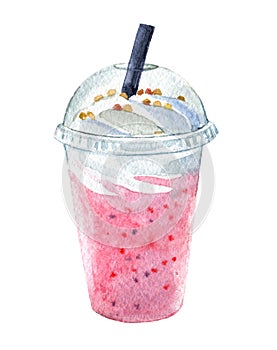 Glass with milk shakes isolated on white background, watercolor illustration photo