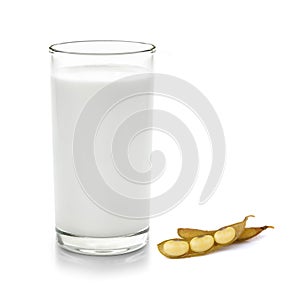 glass of milk and soy bean on white
