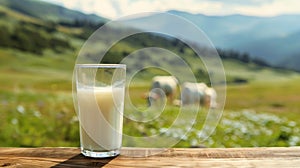 A glass of milk stands on a wooden table. Behind is a blurred background of an alpine meadow on which cows graze