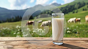 A glass of milk stands on a wooden table. Behind is a blurred background of an alpine meadow on which cows graze