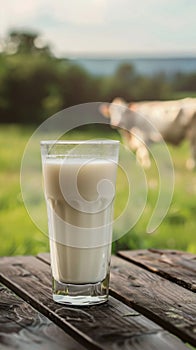 A glass of milk on a table with a cow in the background photo