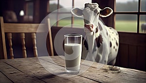 Glass of milk on a table with cows in the background. Ai generated image