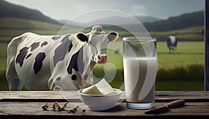 Glass of milk on a table with cows in the background. Ai generated image