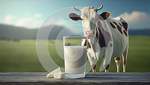 Glass of milk on a table with cows in the background. Ai generated image