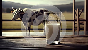 Glass of milk on a table with cows in the background. Ai generated image