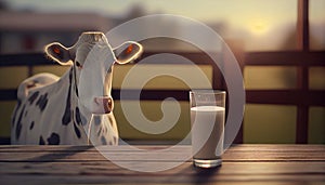 Glass of milk on a table with cows in the background. Ai generated image