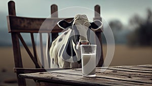 Glass of milk on a table with cows in the background. Ai generated image