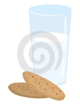 Glass of milk with two cookies. Simple flat design depicting a healthy snack or breakfast. Food and drink, delicious