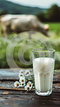 A glass of milk on a wooden table with daisies and a cow in the background