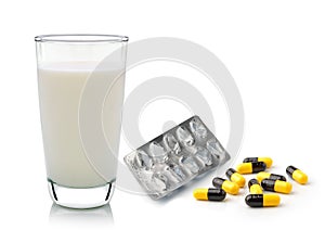 Glass of milke mpty pill blister and pills capsules