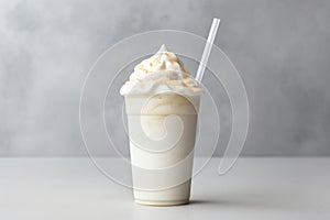 A glass of milkshake with whipped cream and a straw