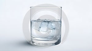 a glass of mineral water with ice cube half full isolated on white background studio shot