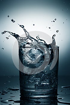 Glass of mineral water with ice and splash