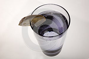 A glass of mineral water with sliced lemon