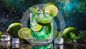 Glass of minty lime soda drink with ice cubes on black background. Tasty alcohol beverage