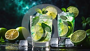 Glass of minty lime soda drink with ice cubes on black background. Tasty alcohol beverage