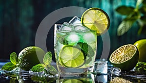 Glass of minty lime soda drink with ice cubes on black background. Tasty alcohol beverage