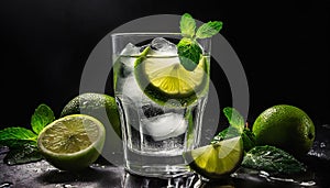 Glass of minty lime soda drink with ice cubes on black background. Tasty alcohol beverage