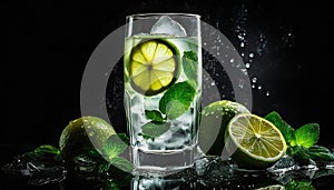 Glass of minty lime soda drink with ice cubes on black background. Tasty alcohol beverage