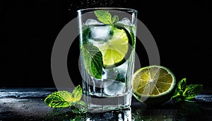 Glass of minty lime soda drink with ice cubes on black background. Tasty alcohol beverage