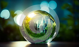 Glass model of planet with green continents. Metropolis skyscrapers inside the globe. Blurred backdrop. Generative AI