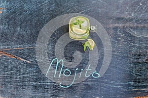 Glass of mojito with lime and mint ice cube close-up on dark wood background