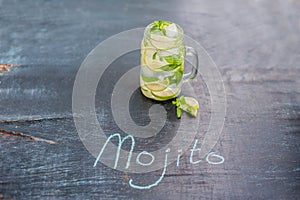 Glass of mojito with lime and mint ice cube close-up on dark wood background