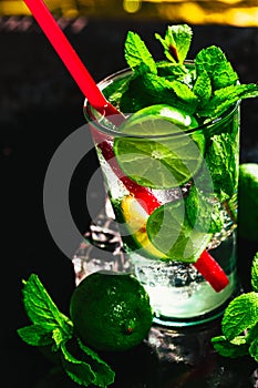 Glass of mojito with lime and mint ice cube close-up red straw