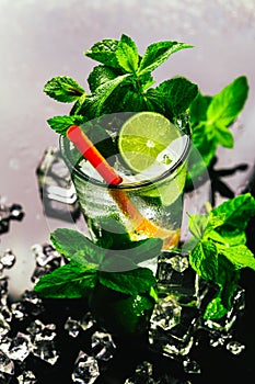 Glass of mojito with lime and mint ice cube close-up red straw